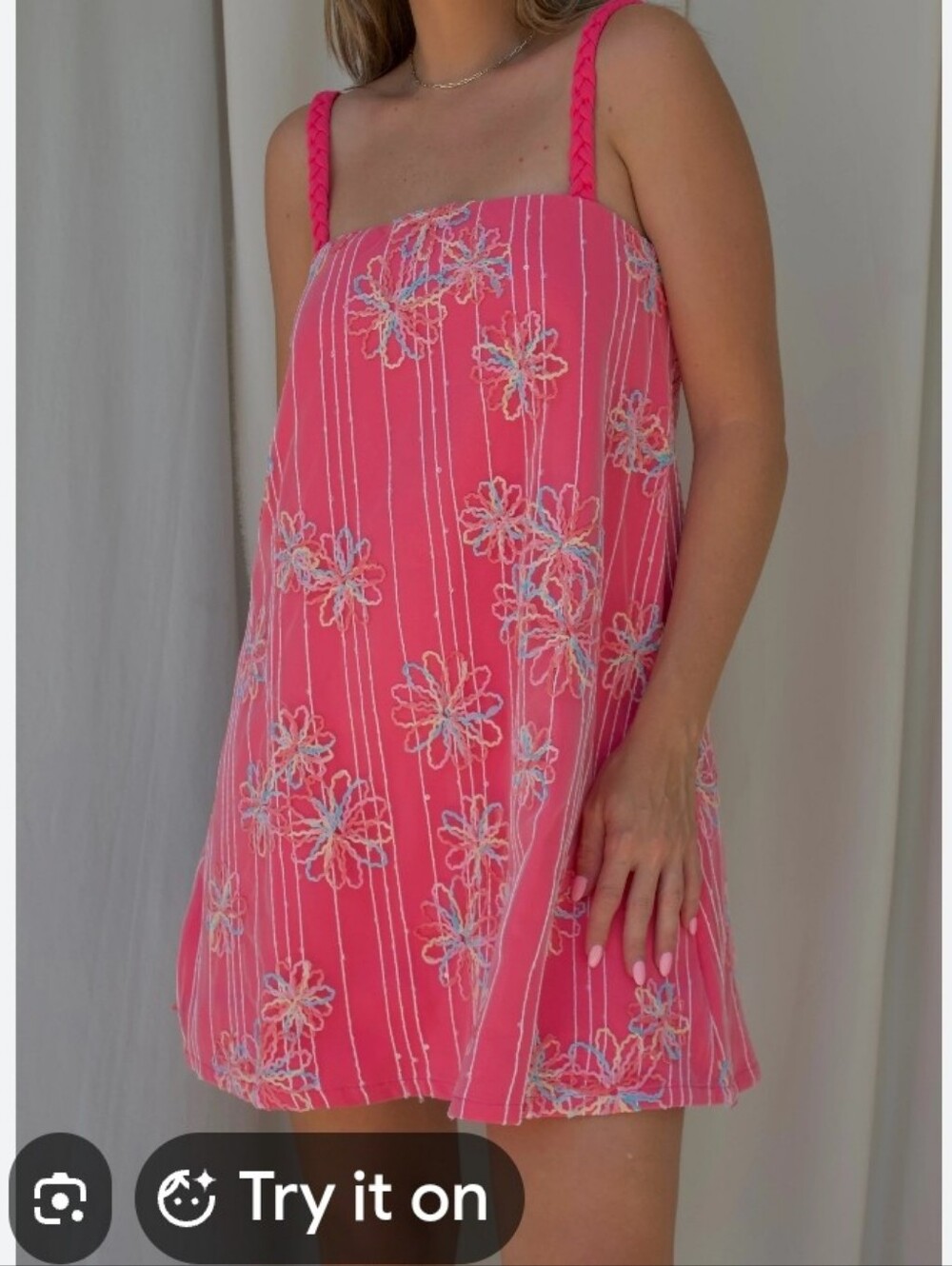 Lena Hot Pink Embroidered Floral Sundress with Braided Straps Mini